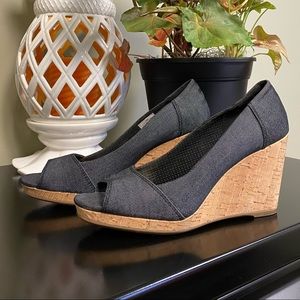 Toms Stella Black Denim Cork Wedge Peep Toe Heels
